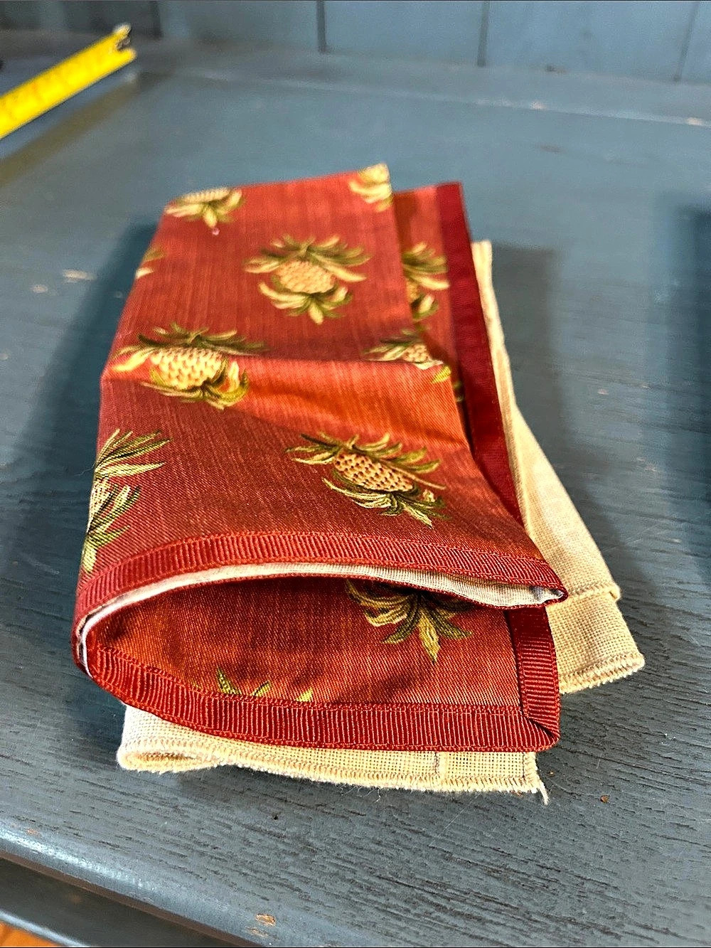 Handmade Table Linen Napkins - Pineapple Print in Red & Plain Cream | Like New